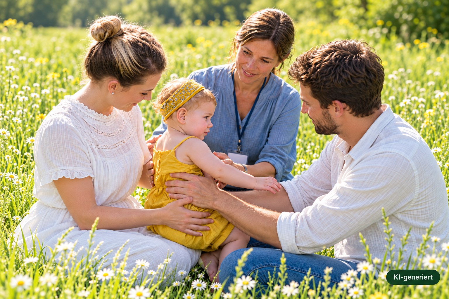 Familie mit Kleinkind und Begleiterin auf einer Wiese – KI-generierte Darstellung