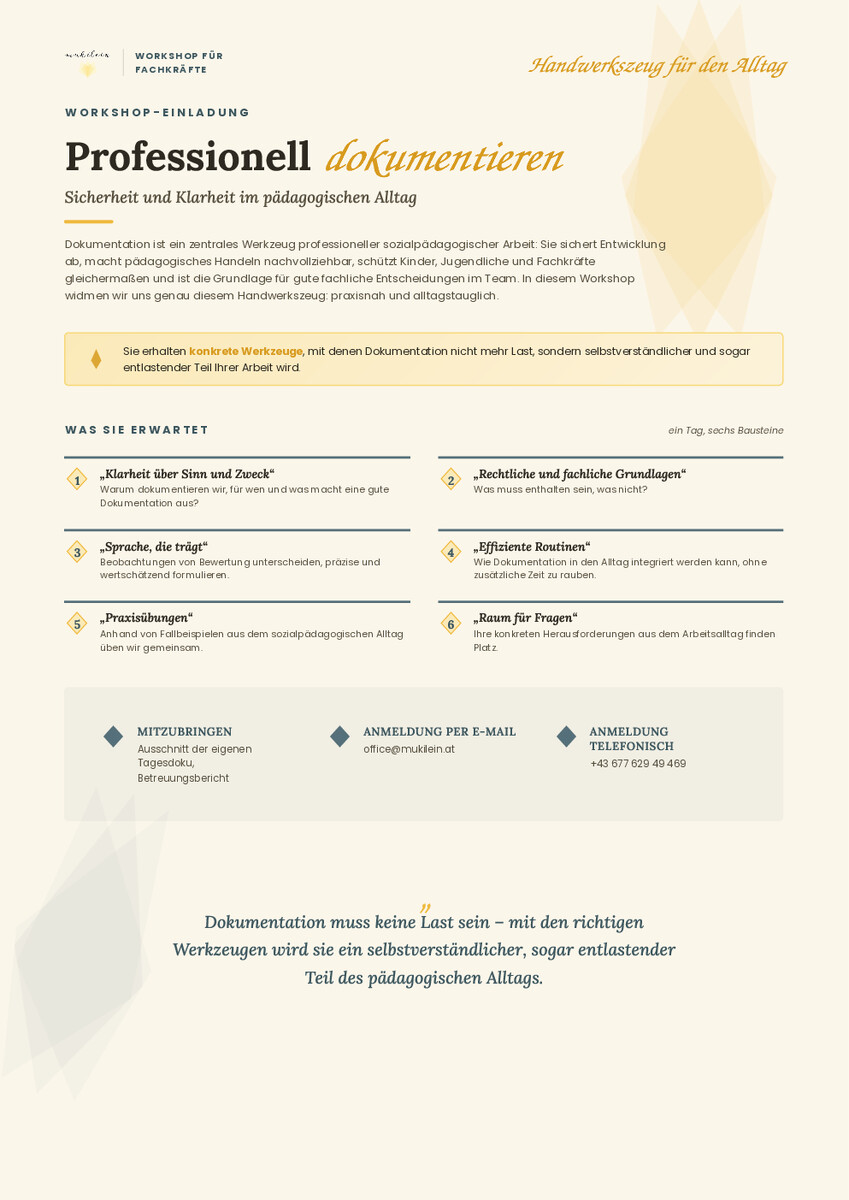 Workshop-Einladung: Professionell dokumentieren – Sicherheit und Klarheit im pädagogischen Alltag